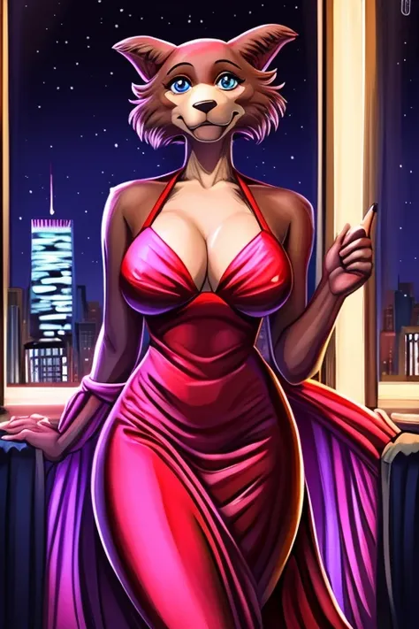 Beastars art style, beastars, Juno, brown wolf, she Wolf, 1girl, furry, long curly brown fur, slim figure, blue eyes, wide hips, Big breasts, party dress, cleavage, night time, New York hotel