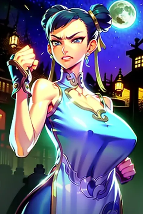 Waifu, masterpiece, curvy, breasts, moon, full moon, gloves, 1girl, clenched teeth, chun-li, cleavage, large breasts, teeth, aqua hair, red gloves, tank top, blue eyes, rating:explicit,rule34, hardcore, ,,clenched hands, punching, night, sky, jumpsuit, pan...