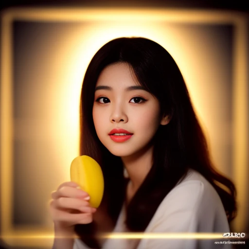 A woman holds a banana in her hand., With a new beauty, young and cute girl, Asian girl, 19 year old girl, professional lighting, Sony A7R4, 50 mm sitting lens. ,Beautifully detailed eyes,