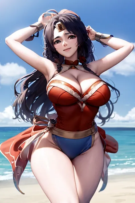 masterpiece, best quality, beautiful art, high resolution, well formed hands, body and fingers, 1 woman, solo, Xiangling, wearing a wonder woman outfit , long hair, , adult, big breasted, cleavage, hair ribbon, full body, sexy and skimpy outfit , gorgeous ...