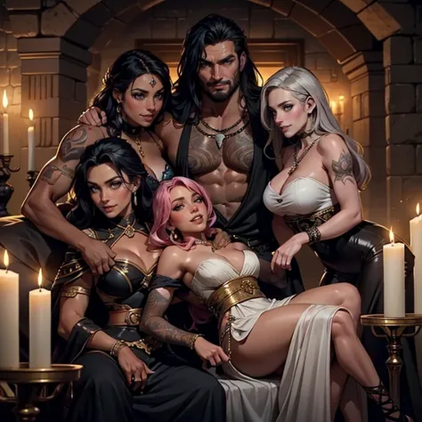 One Handsome short-haired tall huge barbarian beefy muscular Chad in center-of-composition hugging five beautiful bitches tackling him and touching him and feeling him and snuggling him,  dressed like goth punk witches princesses, perfect bodies, women: ve...