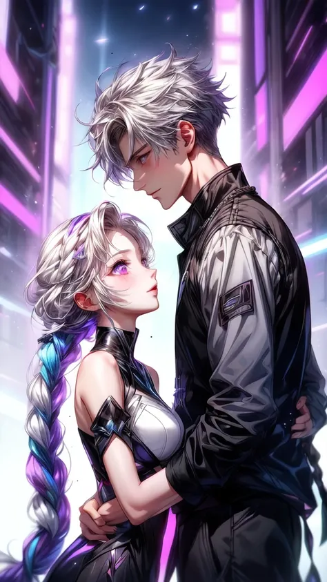 Disorganized、Man and woman couple、highest quality、Masterpiece、Official Art、16K、The best composition、The best light source、The girl has milky white hair with purple inner color, twin long braids, and black clothes in a cyberpunk style.、The man has milky whi...