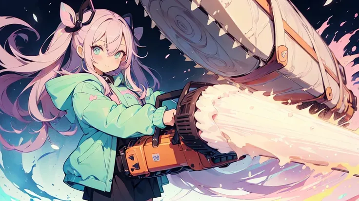 (cute illustration:1.5),(pastel color:1.5),(cute,kawaii,sweet:1.2),(watercolor:1.1),
1girl,solo,
oversized hooded jacket,
full body,open stance,
BREAK
(chainsaw:1.2)
(extremely huge chainsaw in hands:1.6),
(huge cute weapon , huge kawaii weapons:1.2),

BRE...