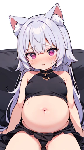 Cat ear、work、Looks very painful、Small face、adult、Very embarrassed look、((Big Breasts))、Very impatient、Trembling、Sweating、Are pregnant、disease、abdomen、abdomen、Wearing a dress、Show only your belly、Last month of pregnancy、１One navel、Sitting on the sofa、((破裂しそ...