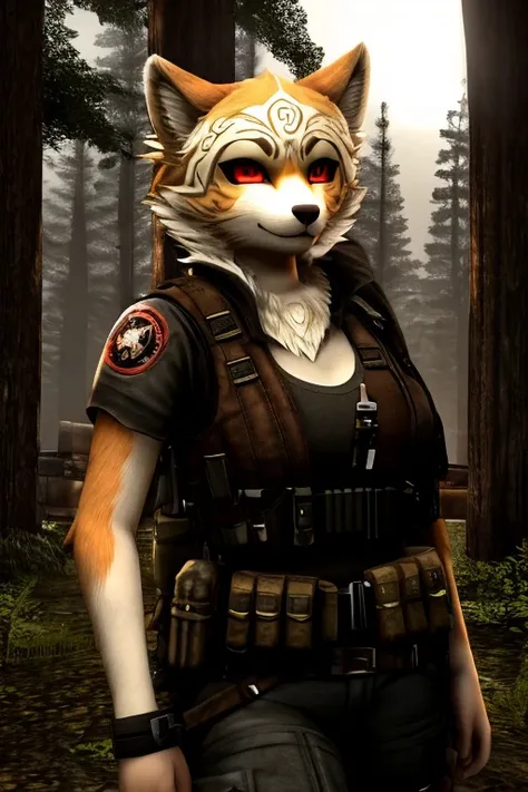 Okami Amanterasu diosa del sol furry, with resident evil themed clothing, con una escopeta, forest background with a cabin very much in the style of resident evil 4, beautiful and cute furry, HD 3D unreal 