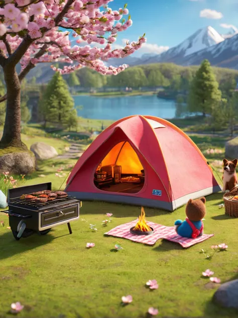 Create miniature images in a lovely wool felt world，(Spring camping site:1.3)，Have family，dog，Cherry blossoms，car，BBQ grill and spring landscape，The scene is rendered with lights，Using technology and style reminiscent of Pixar animations，Using Octane Rende...