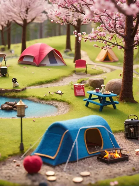 create miniature images in a lovely wool felt world，(spring camping site:1.3)，have family，dog，cherry blossoms，car，bbq grill and ...