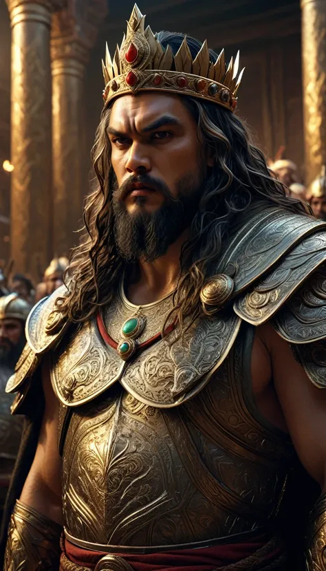 image of a man in a crown and robe standing before a crowd of people, jason momoa as assyrian, biblical epic movie, grande rei d...