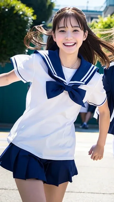 (run and jump)、Schoolyard、Cheerfully、smile、skip、Teenage Girls　Japanese　Realistic　10 generations　　Background Blur、Sailor suit、blue sky