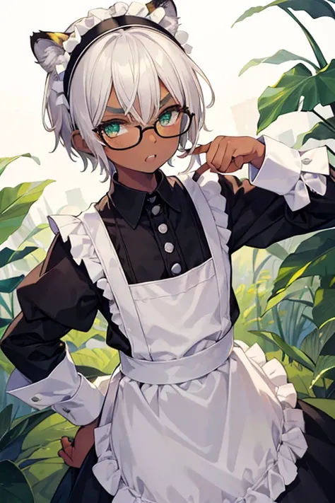 (Masterpiece), highest quality, 1 boy, (androgynous), dark skin, silver hair, short hair, tiger ears, green eyes, (mellow eyebrows), Jagged teeth, glasses, maid outfit, white frilly headband, no breasts, very short height, natural background, plants, super...