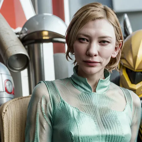 A cute cosplay woman (Cate Blanchett (25)) is wearing Bunny Ears while costumed as Mega Man