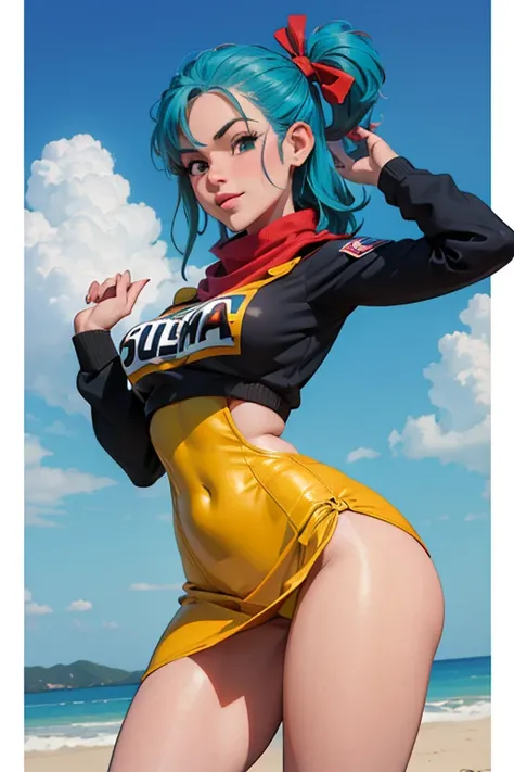 bulma, (obra maestra, Mejor calidad:1.2), tiro de vaquero, Solo, 1 chica, bulma, Sonrisa, mirando al espectador, brazos cruzados, cabello corto, vestido negro de aviador, tight clothes, perfect body, slim figure, red scarf, high details