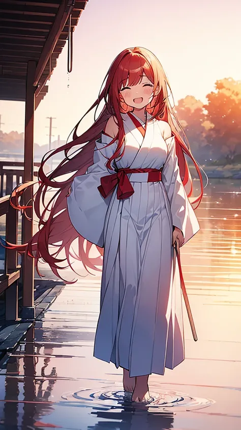 (Masterpiece, Top quality: 1.5) ,4K, (walking on water:1.4),from behind, 1 beautiful girl, solo, blond hair,  (white hakama :1.3), off shoulder, barefoot, long hair, wave hair, (junior high school student:1.2), medium breasts, standard weight, smile:1.5, b...