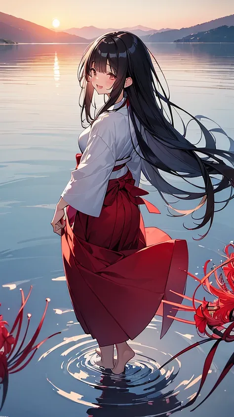 (Masterpiece, Top quality: 1.5) ,4K, (walking on water:1.4),from behind, 1 beautiful girl, solo, black hair,  (white hakama :1.3), off shoulder, barefoot, long hair, wave hair, (junior high school student:1.2), medium breasts, standard weight, smile:1.5, b...