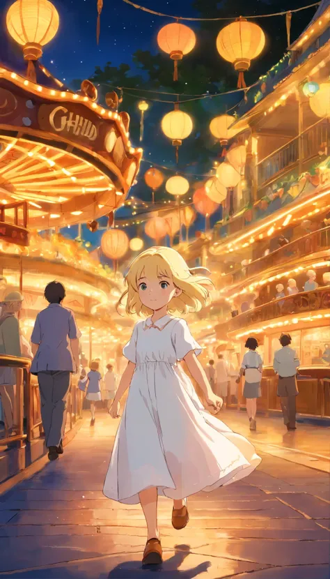 A little blonde girl is walking alone in the middle of an amusement park（White dress and straw hat、Shooting up close）、There is no one around、Amusement park at night、It is beautifully lit up、