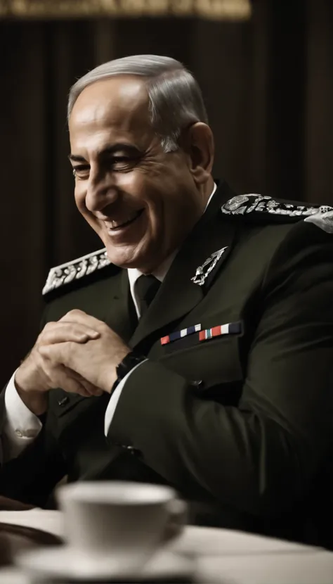 Netanyahu laughing, wearing commander uniform