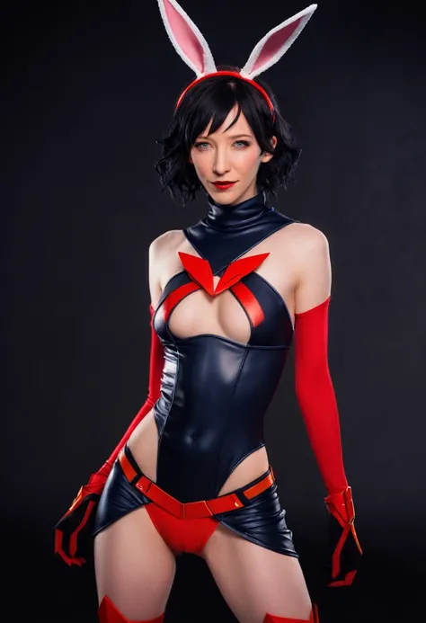 a cute cosplay woman, cate blanchett, wearing bunny ears, costumed as kill la kill ryuko matoi, full body shot, detailed face, beautiful detailed eyes, beautiful detailed lips, extremely detailed features, long eyelashes, dynamic pose, high quality, 8k, ph...