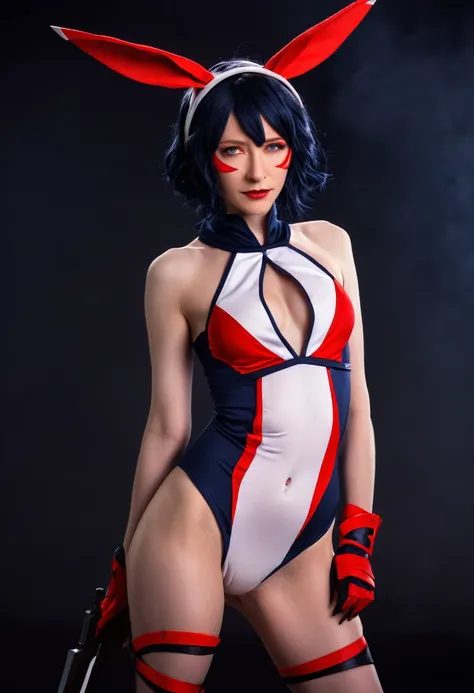 a cute cosplay woman, cate blanchett, wearing bunny ears, costumed as kill la kill ryuko matoi, full body shot, detailed face, beautiful detailed eyes, beautiful detailed lips, extremely detailed features, long eyelashes, dynamic pose, high quality, 8k, ph...