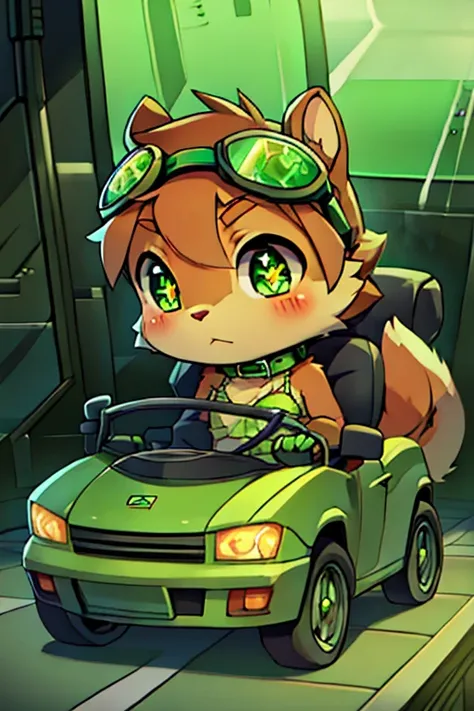 boy, squirrel, furry, bodyfur, tail, green goggles, green collar, green bra, bottomless, green gloves, green boots, chibi, sparkling eyes, laboratory, green headphones, steering wheel, driving