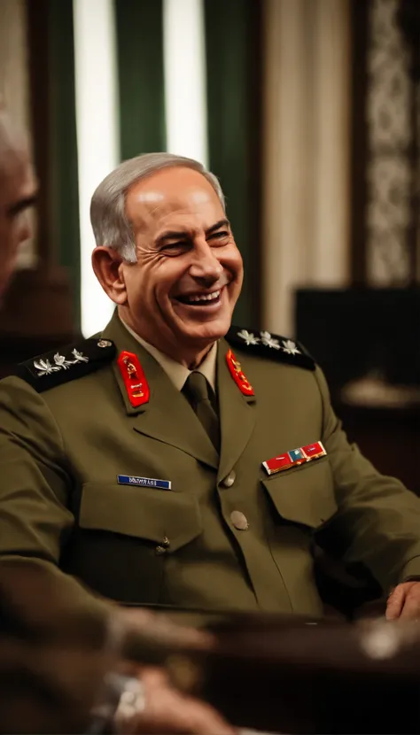 Netanyahu laughing, wearing commander uniform, blood on the table