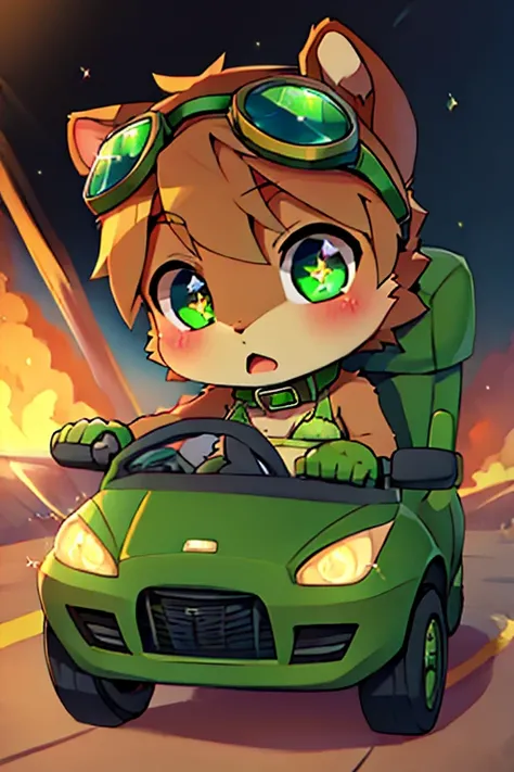 boy, squirrel, furry, bodyfur, tail, green goggles, green collar, green bra, bottomless, green gloves, green boots, chibi, sparkling eyes, green headphones, steering, driving