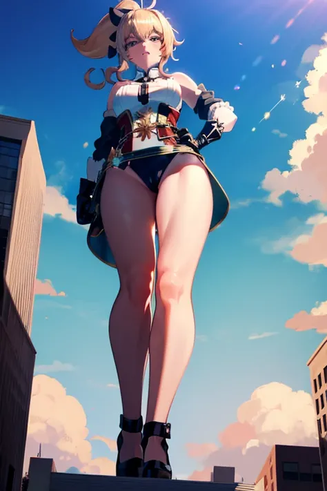 Mega giantess, pink underwears, from below her, blond hair, ponytail, black ribbon,standing, full body, taller then a building