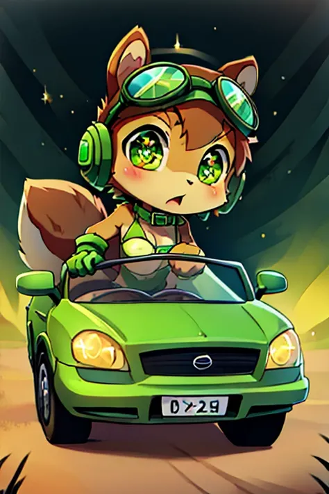 boy, squirrel, furry, bodyfur, tail, green goggles, green collar, green bra, bottomless, green gloves, green boots, chibi, sparkling eyes, green headphones, steering, driving car