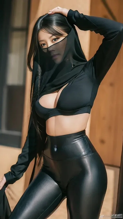 （lifelike， high - resolution：1.3），full body , 1 girl with a perfect body， Super fine face and eyes，slong hair， midriff of black colors：1.2， black shiny leggings，face veil,   big boob，Expose cleavage, ninja pose.