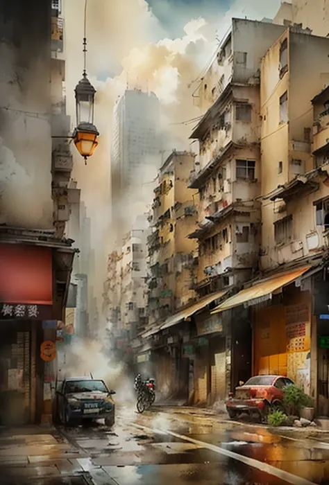 painting of a city street with a car and a truck, in city street, at a city street, urban landscape, dusty street, by Ma Wan, artwork of a hong kong street, dramatic artwork, by Ahmed Karahisari, streetscapes, by Shen Zhou, by Sun Kehong, city streets, dir...