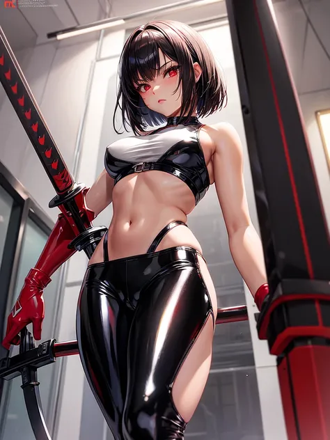 solo girl,Glossy metalic light silver tank top, tight latex shiny, Red interpolation color,Black hair bob,red eyes, camel toe, Samurai Sword,
Lift one leg, sexy lady,