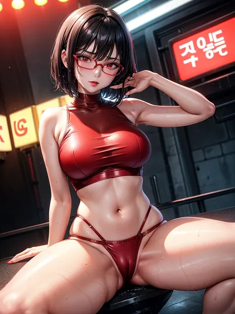 Beautiful girl,Korea, sitting on red light neon, futuristic,
 18 years old,Short hair, shoulder length,black hair, big breasts,wet, sweat, camel toe, red lips ,Wear glasses,
White underwear, sexy pose,
 red eyes,  Behind the scenes of the high-tech world, ...