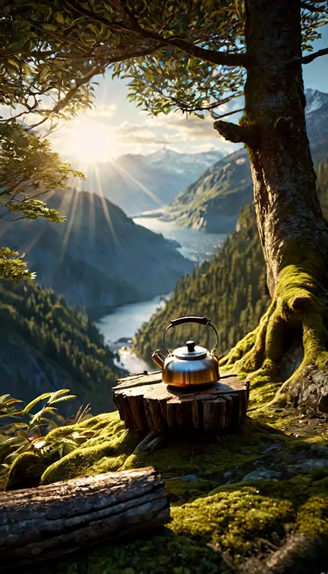 clear kettle serving as a camping device with tea, perched on a log draped in moss, surrounded by pristine environmental ambianc...