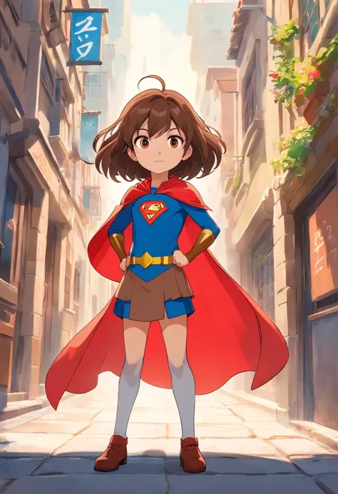 ((8 year old superhero)), ((Brown hair)), ((su super poder es esfuerzo)), ((demostrar su super poder)) ((imagen de fondo escuela)), traje rojo con azul.