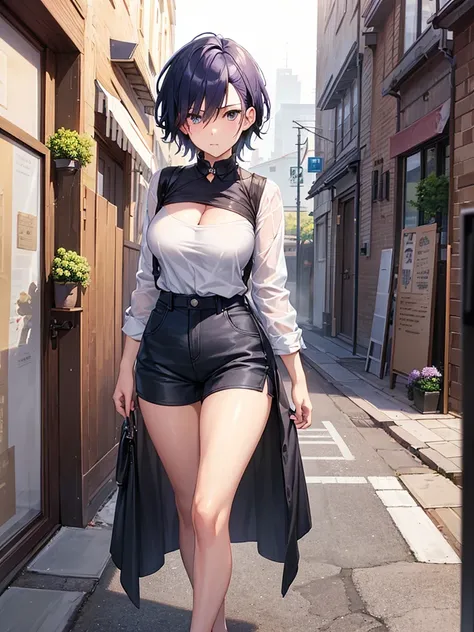 ((masterpiece , best quality)), ((( 1 girl ))), dark blue hair, cool looking woman, short hair, tomboy, mature woman, expressive eyes, heterochromaia eyes , (perfect female proportions), (very large breasts), women loose shirt, with casual shorts, long leg...