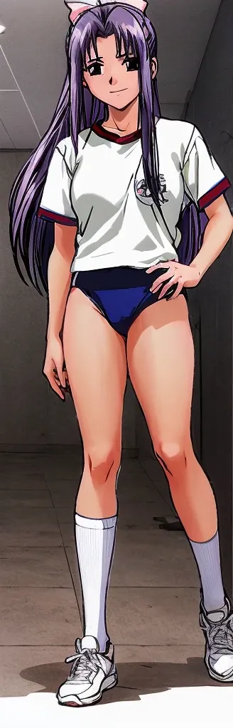 Momoko Koigakubo, a tall girl with beautiful legs, is wearing white gym clothes and light navy blue bloomers that look like panties, and is standing with her legs spread to the sides, smiling from behind.。