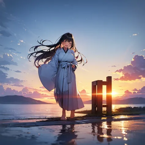 (Masterpiece, Top quality: 1.5) ,4K, (walking in cloud in the sky:1.4),from behind, 1 beautiful girl, solo, black hair,  (white hakama :1.3), off shoulder, barefoot, long hair, wave hair, (junior high school student:1.2), medium breasts, standard weight, s...