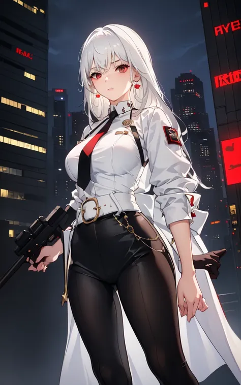 1girl, close up shot, (white hair, medium hair, large breasts, red eyes), perfect anatomy, city, cyberpunk style, ((white shirt, black jacket, black skirt, navel, belt, black gloves, neck tie, wrist watch, earrings, see through black leggings)), ((holding ...