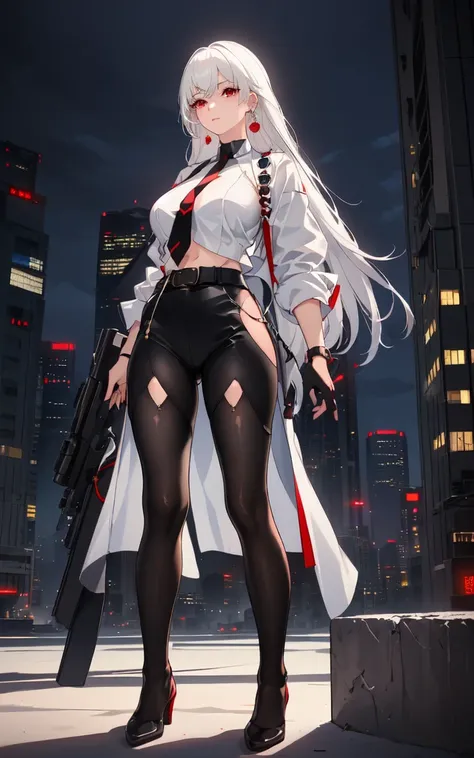 1girl, close up shot, (white hair, medium hair, large breasts, red eyes), perfect anatomy, city, cyberpunk style, ((white shirt, black jacket, black skirt, navel, belt, black gloves, neck tie, wrist watch, earrings, see through black leggings)), ((holding ...