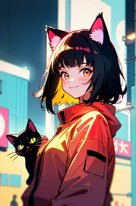 masterpiece, highest quality, One girl, City Pop, night, Neon Light, Look at other people, Vector illustration, Jacket, A light smile, Blunt bangs, Medium Hair、Cat ear、Black Hair、Cat&#39;s Tail、Sitting on your knees、Black clothes