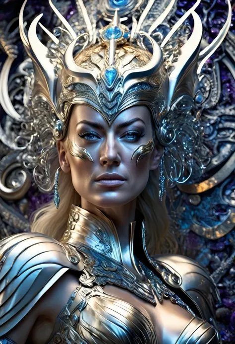 ((yvonne strahovski est une belle chevalier futuriste, cheveux blanc neige)), in the style of Boris Vallejo,  highly detailed sexy biomechanical armor, very detailed face, highly detailed skin, slender body, ((Des proportions parfaites, poitrine push-up, l...