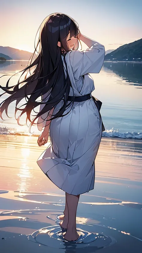 (Masterpiece, Top quality: 1.5) ,4K, (walking on water :1.4),from behind, 1 beautiful girl, solo, black hair, wave goodbye, (white hakama :1.3), off shoulder, barefoot, long hair, wave hair, (junior high school student:1.2), medium breasts, standard weight...