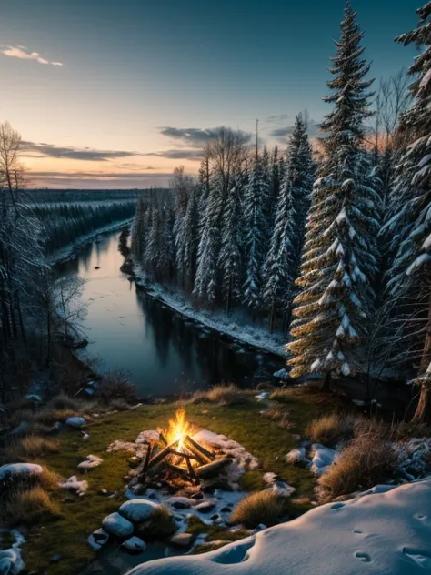 a serene winter landscape, aerial drone shot of untouched nature, snowcovered forest, river flowing through the silver world, small camp lights in the dusk, warm campfire, detailed realistic 8k, cinematic lighting, atmospheric, muted color palette, dramati...