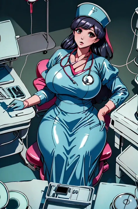 nurse uniform,hospital, latex nurse suit,nurses,busty,elbow gloves,labcoat,black hair woman,red eyes , gigantic ,medical instruments,asian nurse,two nurses,speculum,examination room,oversize ,big ass ,strap on, lay on table ,legs spreaded,giving birth,gyno...