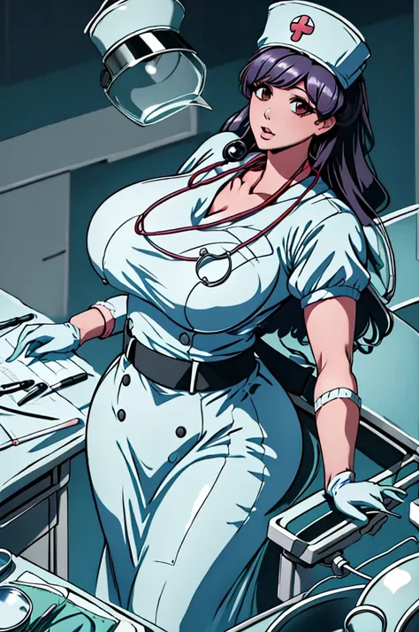 nurse uniform,hospital, latex nurse suit,nurses,busty,elbow gloves,labcoat,black hair woman,red eyes , gigantic ,medical instruments,asian nurse,two nurses,speculum,examination room,oversize ,big ass ,strap on, lay on table ,legs spreaded,giving birth,gyno...