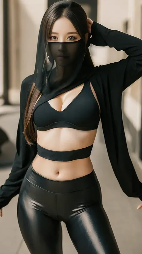 （lifelike， high - resolution：1.3），full body , 1 girl with a perfect body， Super fine face and eyes，slong hair， midriff of black colors：1.2， black shiny leggings，face veil,   big boob，Expose cleavage, ninja pose.