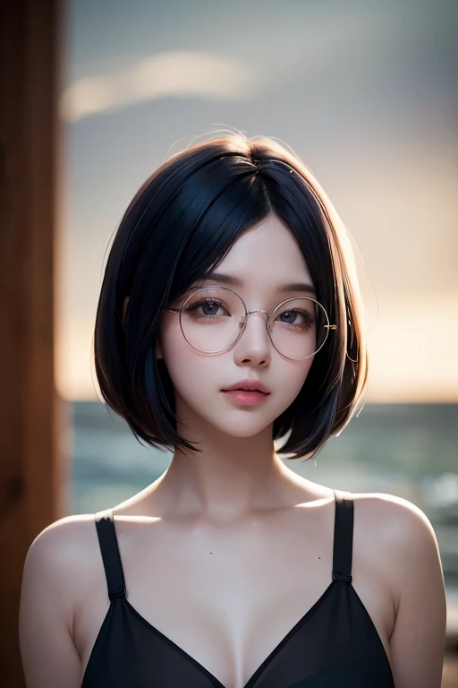 (RAW photo, best quality), (realistic, photo-realistic:1.2), 1girl, high quality, (high detailed skin:1.4), puffy eyes, glasses, gorgeous hair,  (dark room:1.3), (rim lighting:1.3), (dimly lit:1.3), (dark night:1.3), indoors, portrait, sky blue hair, beach...