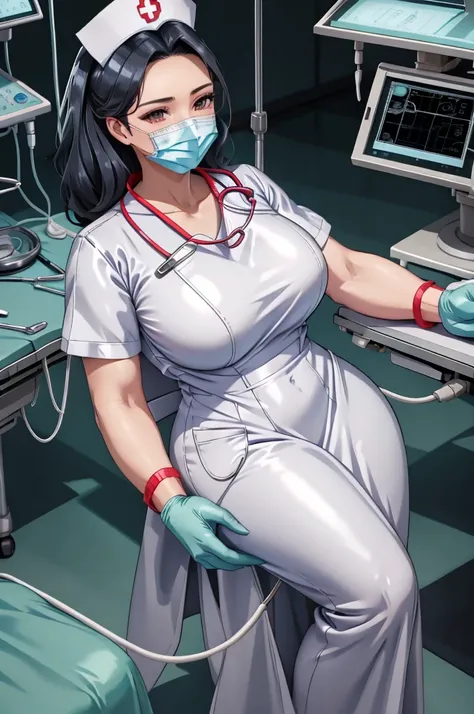 nurse uniform,hospital, latex nurse suit,nurses,busty,elbow gloves,labcoat,black hair woman,red eyes , gigantic ,medical instruments,asian nurse,two nurses,speculum,examination room,oversize ,big ass ,strap on, lay on table ,legs spreaded,giving birth,gyno...