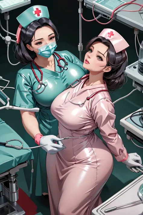 nurse uniform,hospital, latex nurse suit,nurses,busty,elbow gloves,labcoat,black hair woman,red eyes , gigantic ,medical instruments,asian nurse,two nurses,speculum,examination room,oversize ,big ass ,strap on, lay on table ,legs spreaded,giving birth,gyno...