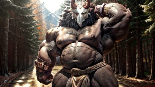 mitachurl, solo, male, mask, forest background, 1boy, standing, male focus, muscular male, abs, loincloth bulge, close-up, sexy, one hand behind head, nipples, red nipples ‚bulge crotch‚ big belly‚ abdominal bulge ‚big balls ‚crotch‚crotch bulge ‚big fat b...