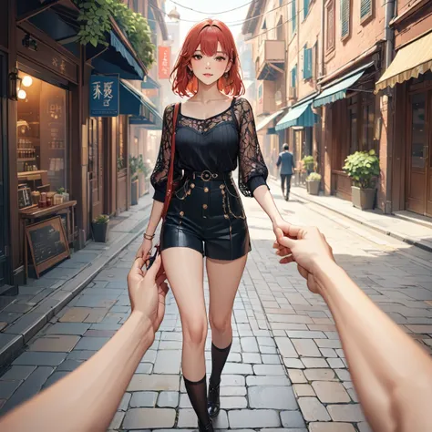 one girl，super detailed，high resolution，masterpiece，by_style，boyfriend_holding_hand，1 観客とhandをつなぐ少女のhand，walking while looking a...